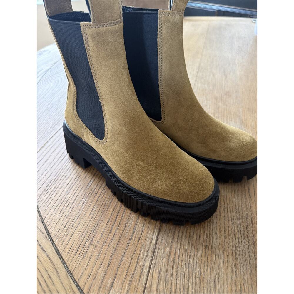 Maje Camel‎ Leather Chelsea Platform Ankle Boots 36 Metallic Panel Lug NWOB - Picture 2 of 9